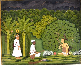 Swami Haridasa mit Tansen und Akbar in Vrindavana